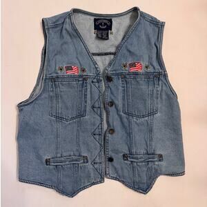 Vtg 90s Solutions Denim Button Vest Stars/Flags Women's Sz L